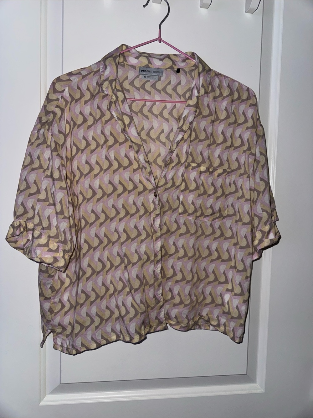 Prana Pink and Tan Geo Short-Sleeve Button-Down Shirt